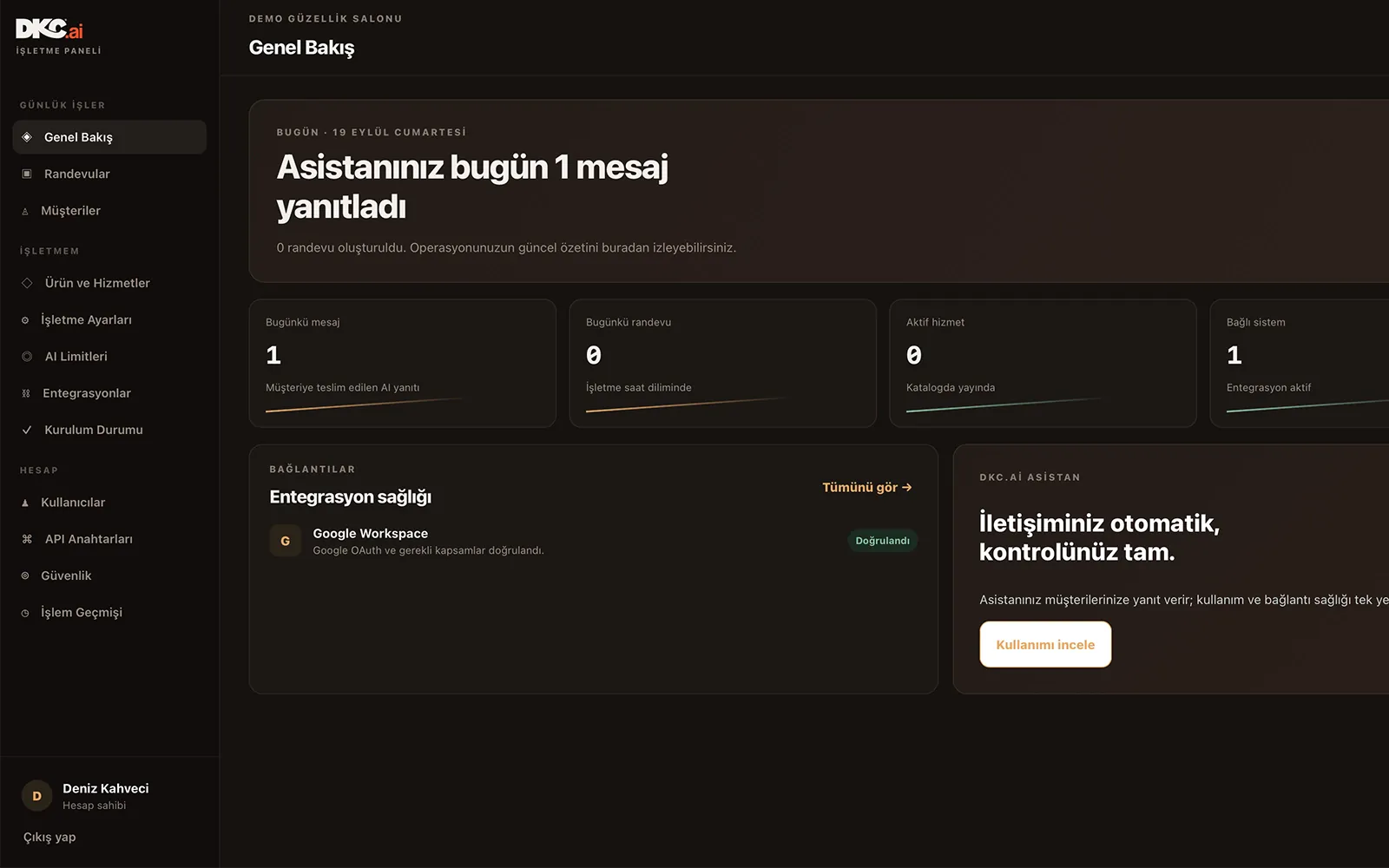Genel bakış: günün mesaj ve randevu sayıları, aktif hizmet ve entegrasyon sağlığı