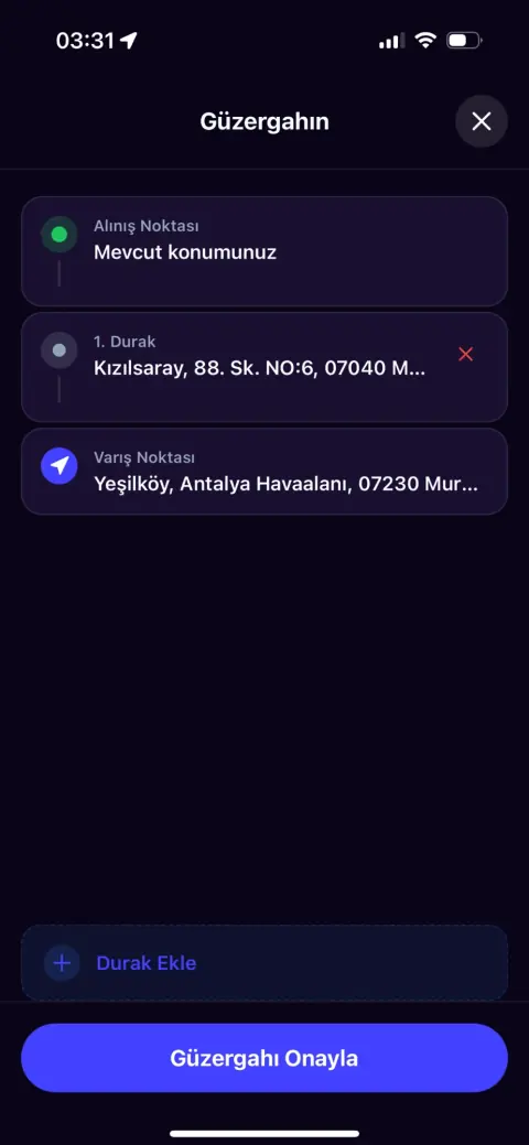 Güzergah: araya durak eklenebiliyor