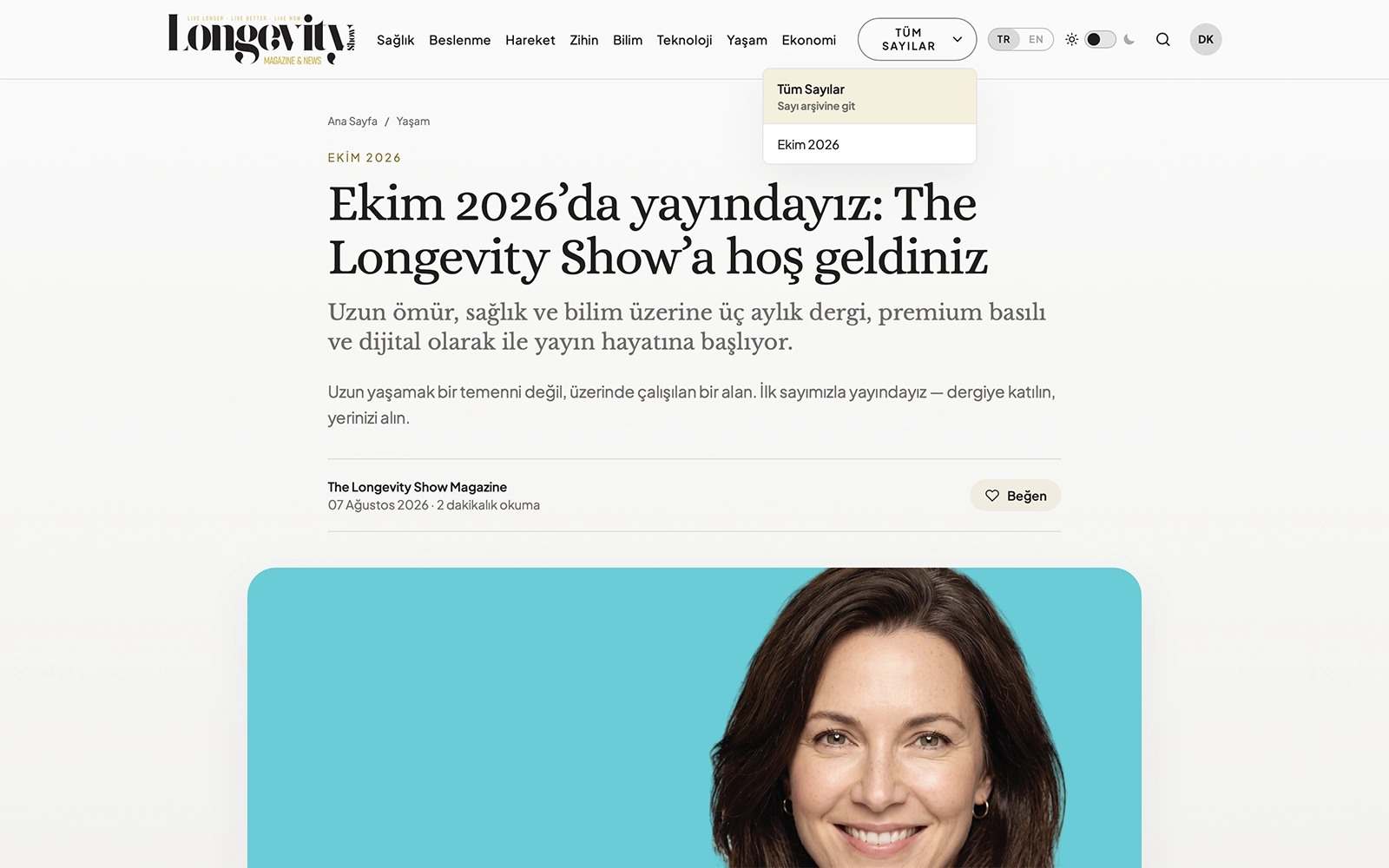 Okur tarafı, açık tema — sayı seçimiyle birlikte yazı sayfası